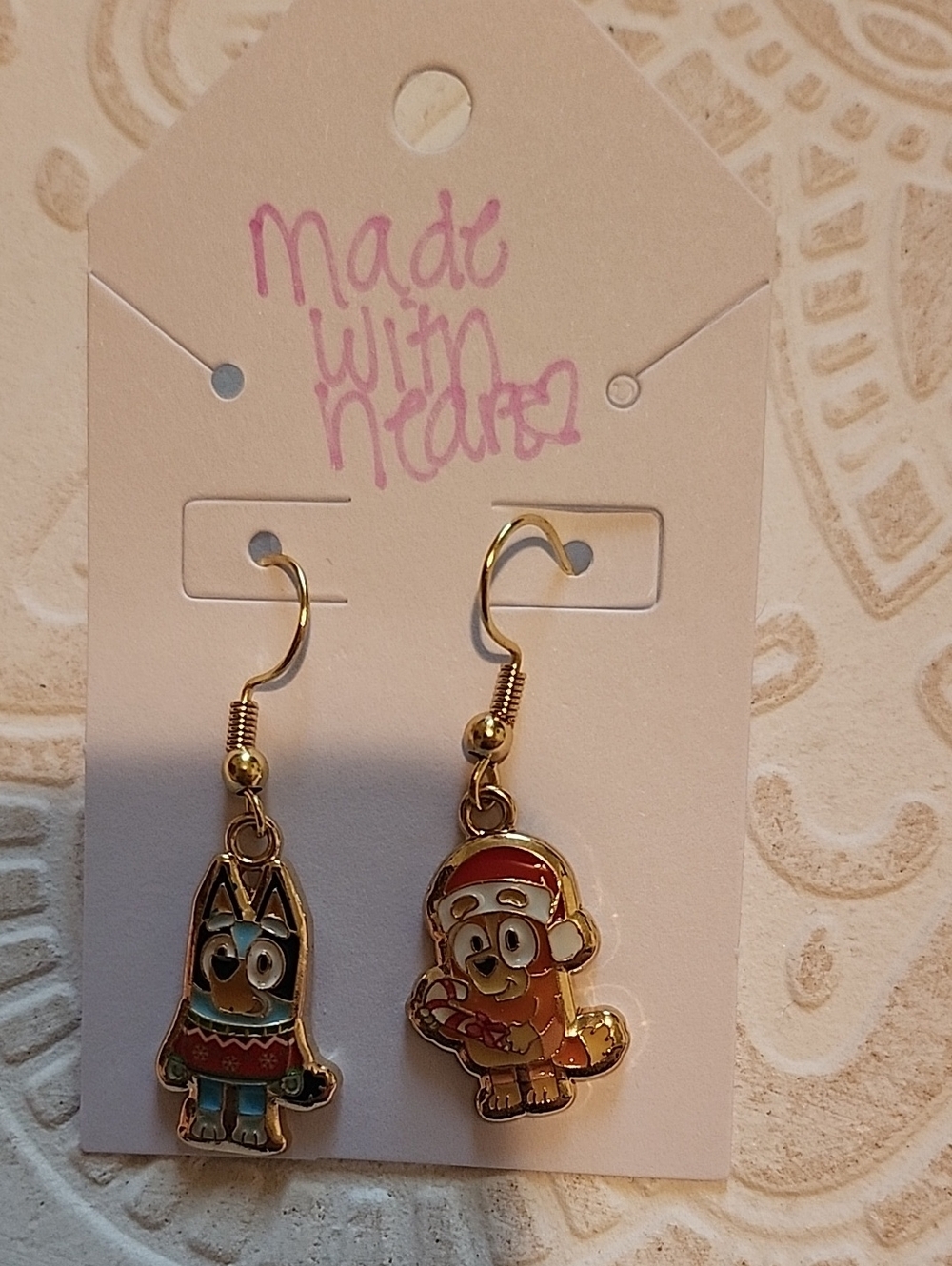 Handmade Disney Bluey & Bingo Christmas Dangle Lightweight Gold Tones Earrings